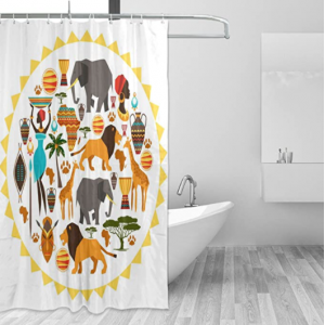 ALAZA African Art Home Decor Shower Curtain Set by, Ancient Ethnic Egyptian Tribal Art African Women Elephant Lion Giraffe,Polyester Bathroom Shower Curtain Set with Hooks,60W X 72L Inches,Gold